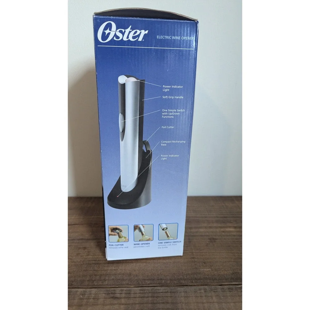 Oster Electric Wine Opener 4207 Cordless Rechargeable Silver Black w/Base New OB